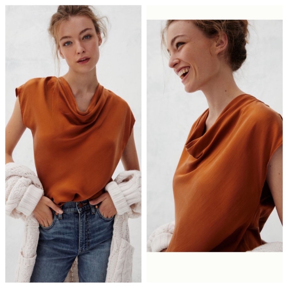 Anthropologie Liliya Silk Cowl Neck Tunic Bronze Cap Sleeve Quiet Luxury NWT-XS